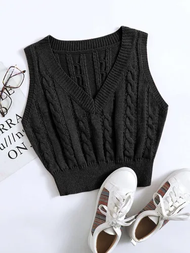 Miniatura 5 de OYOANGLE Suéter de punto trenzado con cuello en V para mujer, sin mangas, acanalado