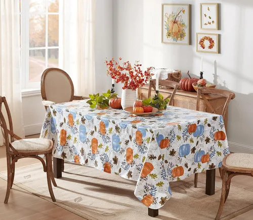 Miniatura 5 de Newbridge Mantel de vinilo azul de Acción de Gracias Hampstead Farm Pumpkin Field con reverso de franela, diseño de cosecha de otoño, 52 x 52