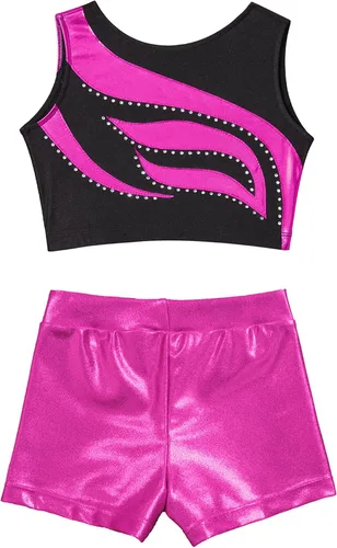 Miniatura 3 de Conjunto deportivo de 2 piezas para niñas, camiseta sin mangas brillante con pantalones cortos, para gimnasio, deportes, leotardo, entrenamiento