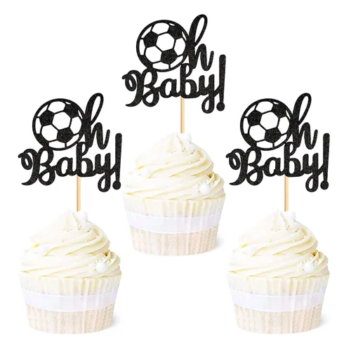 Miniatura 8 de Ercadio Paquete de 24 adornos para cupcakes de fútbol americano Oh Baby - Púas de rugby con purpurina negra para temática deportiva, baby shower