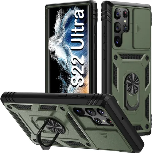 PASNEW Funda para Samsung Galaxy S22 Ultra 5G, cubierta de cámara deslizante y soporte de dedo de metal de 360°, carcasa rígida protectora Verde