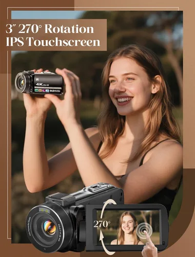 Miniatura 8 de ZYDIIE Videocámara 4K UHD 64MP Vlogging Cámara para YouTube 18x Zoom digital 3 pulgadas, rotación de 270°, pantalla táctil IPS videocámara