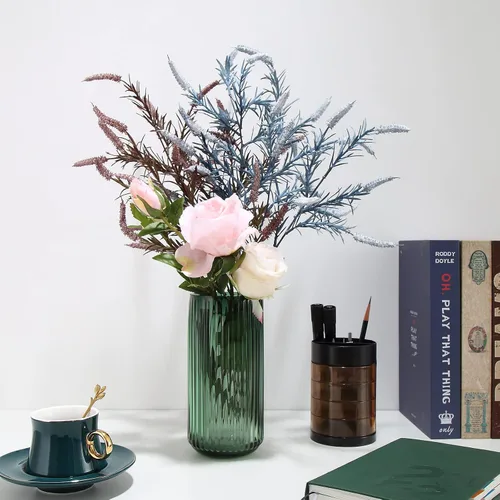 Miniatura 5 de Florero cilíndrico pequeño de cristal verde acanalado para decoración de centros de mesa de comedor de granja