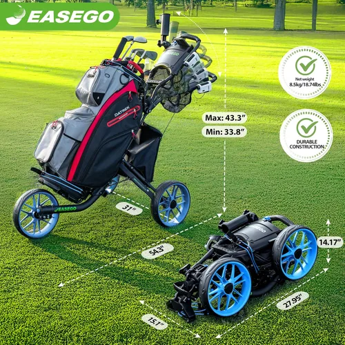 Miniatura 9 de EASEGO Golf Push Cart 3 Wheel : Golf Bag Cart Foldable with Phone Holder/Cup/Umbrella Holder Compact Golf Pull Carts Quick Fold Golf Caddy Push