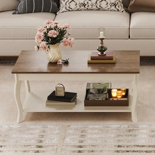 Miniatura 2 de ChooChoo Mesa auxiliar, mesa central rústica con patas curvas y estante de almacenamiento, mesa de centro de 39 pulgadas para sala de estar, blanco
