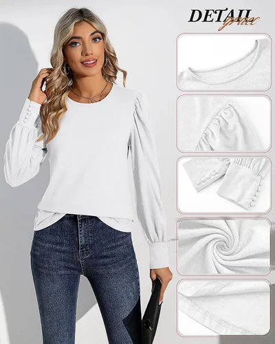 Miniatura 5 de Riyiper 2 piezas de camisetas de manga larga abombadas para mujer, estilo casual, holgadas, cuello redondo, puños con botón