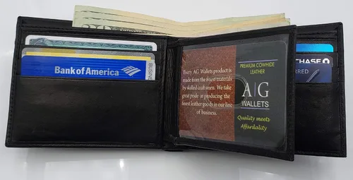 Miniatura 2 de AG Wallets Billetera plegable para hombre, piel de vaca real, 2 solapas centrales de identificación, 2 compartimentos para billetes