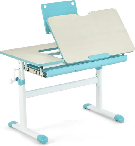 Costzon Escritorio para niños, mesa de estudio ergonómica de altura ajustable para niños con escritorio inclinable y soporte para libros, cajón de