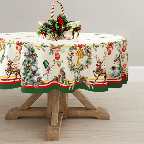 Miniatura 2 de Yighty Mantel Redondo de Navidad de 60 x 60 pulgadas, Mantel de Mesa de Decoración Navideña de Árbol y Alce, Poliéster Impermeable y Resistente a