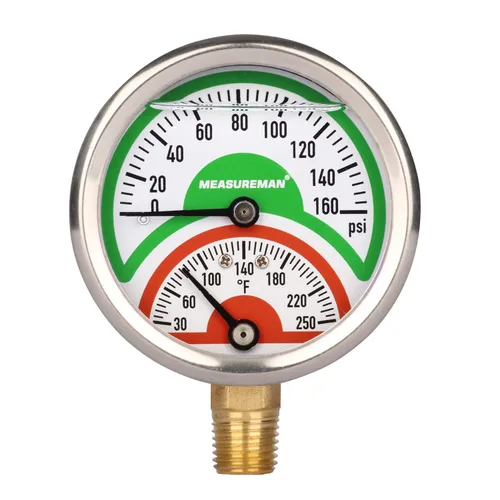 MEASUREMAN Tridicator, Termomanómetro, 2-1/2 Pulgadas, Llenado de Aceite de Silicona, 0-160 psi/30-250 °F, Caja de Acero Inoxidable, Manómetro de