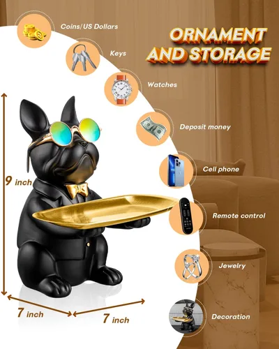 Miniatura 4 de Estatua de bulldog francés, bandeja de resina para llaves de bulldog para decoración de entrada, organizador de llaves para mesa de entrada, regalos