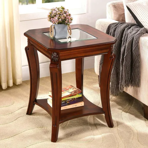 Miniatura 9 de Mesa auxiliar tradicional con estante de almacenamiento y patas talladas, mesas de sala de estar de granja, mesa central rectangular de madera