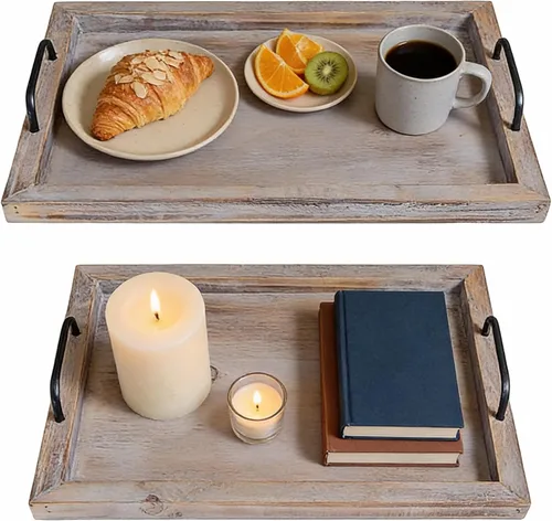 Miniatura 11 de Besti - Juego de 2 bandejas rústicas vintage para servir comida Tabla de madera anidable con asas de metal Elegantes platos de servir de Rústico