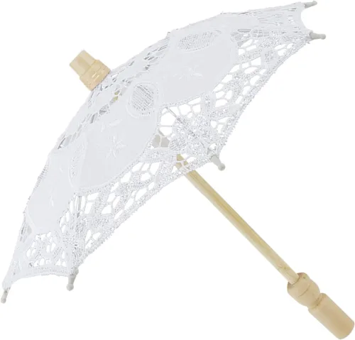 Miniatura 5 de Sombrilla de encaje para boda, bordado de algodón, hecha a mano, suministros de boda para decoración, disfraz de dama de los años 20 (blanco)