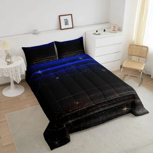 Miniatura 2 de Juego de edredón de rayas azul oscuro, tamaño matrimonial, color negro, degradado, para niños, niñas, dormitorio, estrellas degradadas, cielo Azul 02