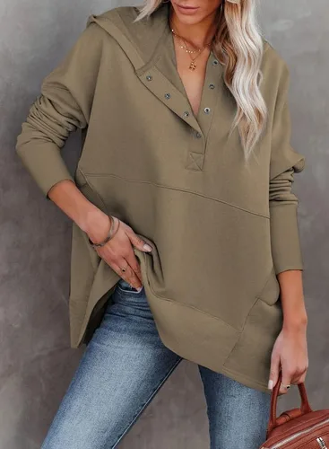 Miniatura 2 de SHEWIN Sudadera de gran tamaño para mujer, casual, con botones, cuello en V, con bolsillo