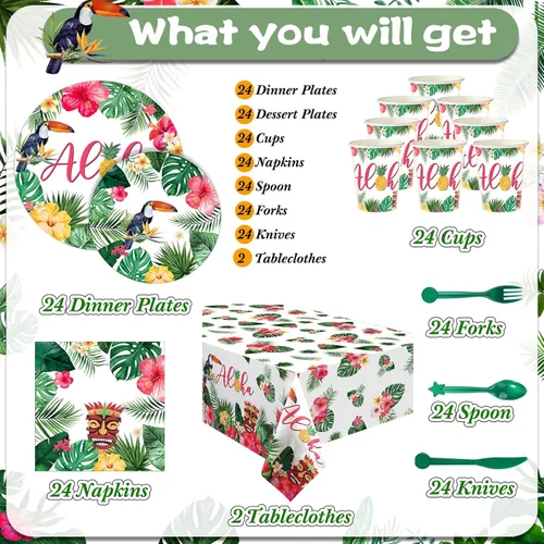 Miniatura 3 de Pajean Juego de 170 platos de papel y servilletas hawaianas Luau para decoración de fiesta, juego de cubiertos con 2 manteles Aloha Tiki