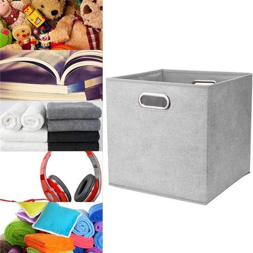Miniatura 3 de QY-SC07-3 - Cubos de almacenamiento de tela plegables de 13 pulgadas, color gris y blanco, cajas de almacenamiento plegables para organizador