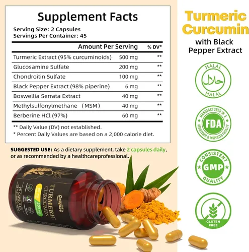 Miniatura 2 de Suplemento de curcumina de cúrcuma con pimienta negra, 95% curcuminoides, glucosamina, condroitina, boswellia, MSM y berberina, cúrcuma con cápsulas