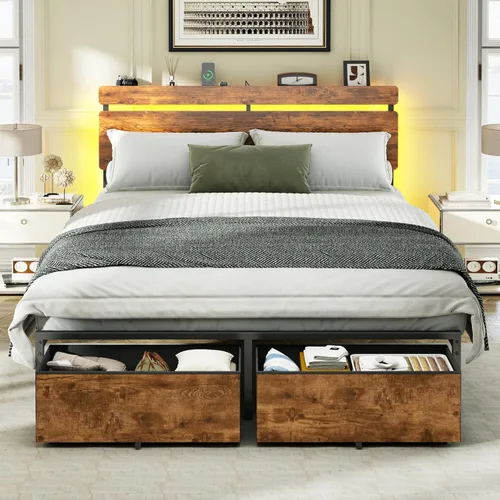 Miniatura 15 de Forestell - Marcos de cama individual con cabecera de madera, cama plataforma negra con 2 cajones de almacenamiento y estante, estación de carga