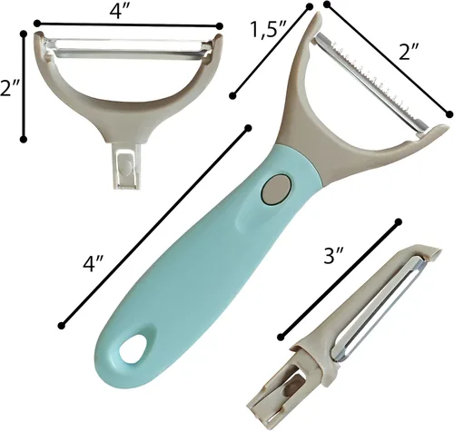 Miniatura 5 de Bahoki Essentials Juego de pelador de 3 piezas, trío de acero inoxidable, pelador de verduras y frutas, cortador multifuncional intercambiable