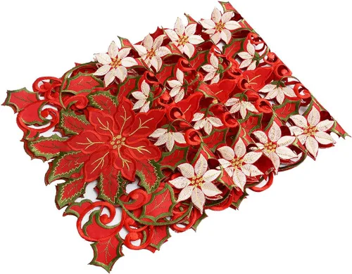 Miniatura 2 de Juego de 4 manteles individuales con bordados de flor de Pascua de Navidad, 12 x 18 pulgadas