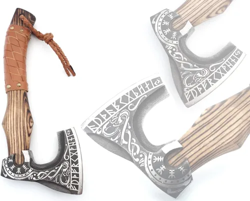 Miniatura 3 de Hacha Vikinga de 13 Pulgadas - Hachetas y Hachas con Mango de Madera de Fresno y Envoltura de Cuero, Hacha para Partir Leña, Hacha de Campamento