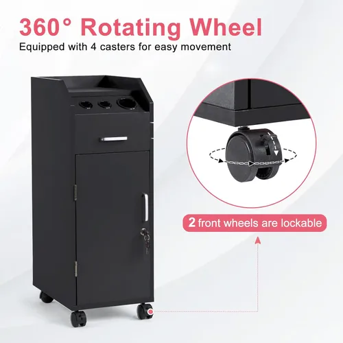 Miniatura 6 de Winado Carrito de almacenamiento de peluquería con ruedas y 3 soportes para secador de pelo, 4 cajones y cerradura y 2 llaves, estación de Negro
