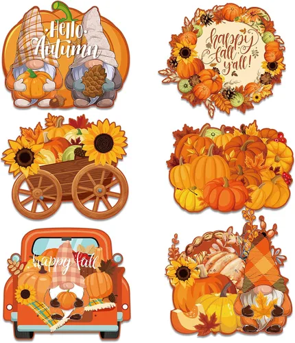 Kajaia Juego de 6 manteles individuales de plástico de otoño, 12 x 14 pulgadas, gnomos, girasol, decoración de cocina, manteles individuales