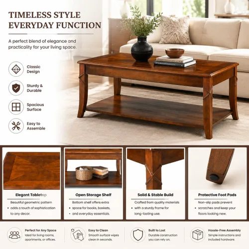 Miniatura 3 de Mesa de centro de madera maciza con estante de almacenamiento, mesa de centro rectangular moderna de mediados de siglo para sala de estar, mesa