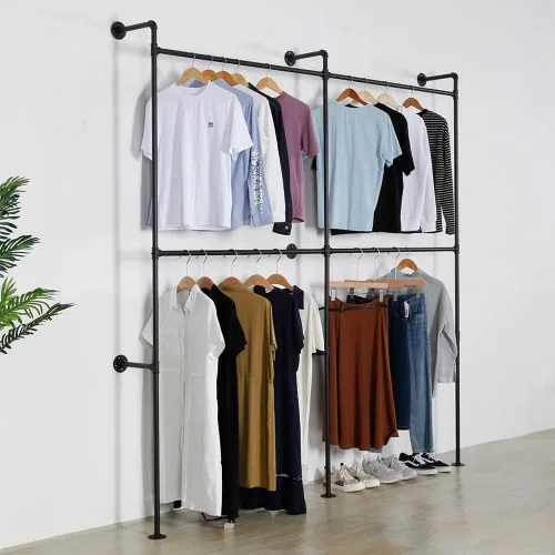Miniatura 2 de Perchero industrial para ropa de tubería resistente, doble barra de armario, barras de ropa para colgar ropa, montaje en la pared, sistema