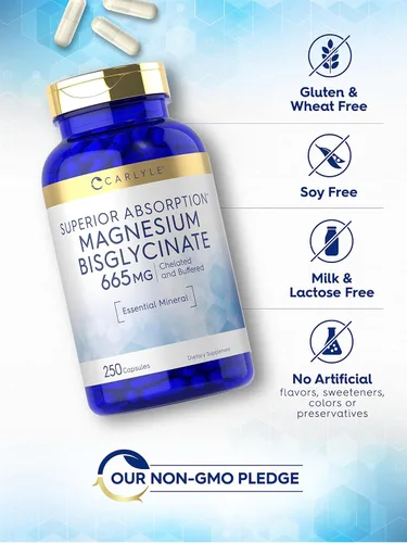 Miniatura 4 de Carlyle Bisglicinato de magnesio tamponado 665 mg 250 cápsulas Mineral esencial quelado Suplemento sin OMG y sin gluten