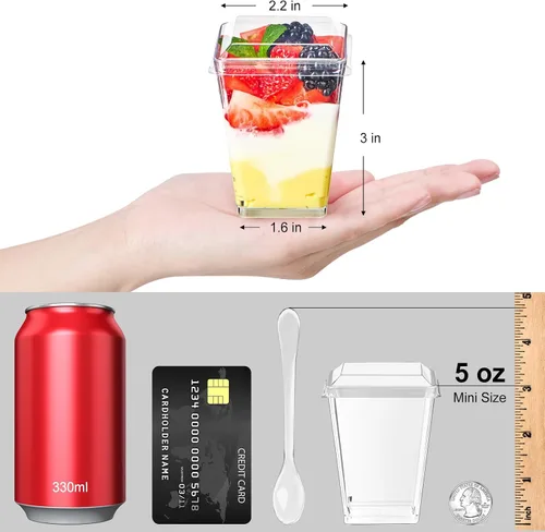 Miniatura 2 de TOFLEN Paquete de 100 Tazas de Postre de Plástico de 5 oz con Tapas para Fiestas, Mini Tazas de Postre con Cucharas Tazas Shooter de Postre