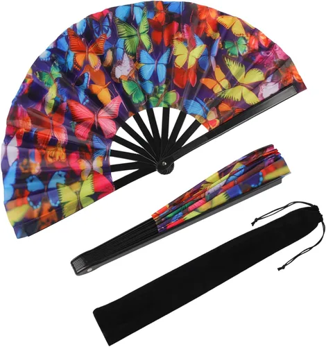 Miniatura 3 de Paquete de 2 ventiladores de mano plegables grandes con bolsas, ventilador de mano de verano para hombres y mujeres para festivales de música, baile