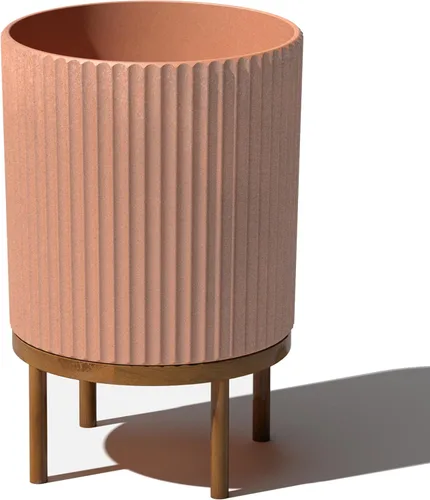 Miniatura 43 de Veradek Demi Series - Maceta redonda con soporte para porche o patio, compuesto de piedra de plástico duradero y soporte de madera, decoración