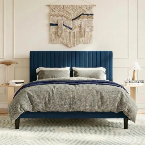 Miniatura 14 de SHA CERLIN - Base de cama tamaño Queen tapizada con plataforma y cabecera acolchada de terciopelo con canales verticales ajustables, soporte