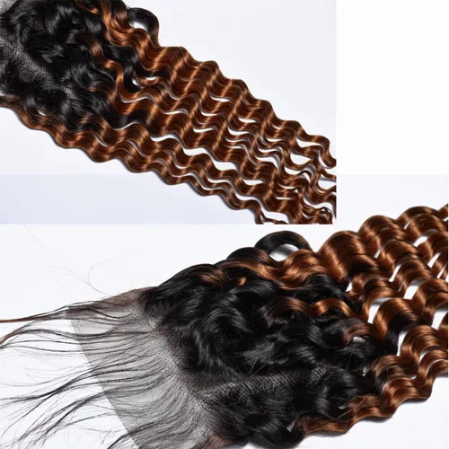Miniatura 6 de Cabello humano virgen brasileño degradado 30 con cierre de encaje 4x4, 100% cabello virgen humano sin procesar, línea capilar prearrancada, cierre