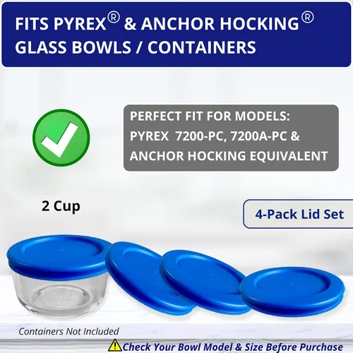 Miniatura 4 de KlareWare Tapas de repuesto para 2 tazas, tapas de plástico sin BPA para Pyrex 7200, Anchor Hocking (paquete de 4, azul) - Contenedores no incluidos