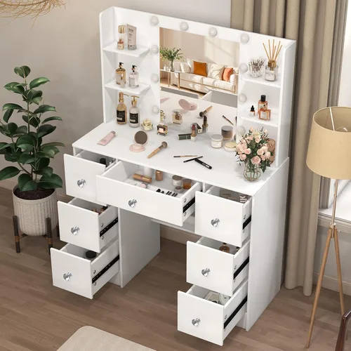 Miniatura 4 de Escritorio de tocador con espejo de bombillas, 3 modos de luz ajustables, mesa de tocador de maquillaje con 7 cajones y 6 estantes