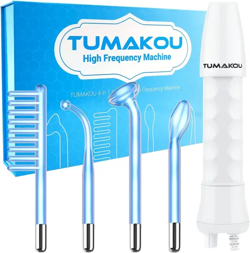 TUMAKOU - Varita facial de alta frecuencia, portátil de mano azul de alta frecuencia, 4 tubos de vidrio azul diferentes para la piel