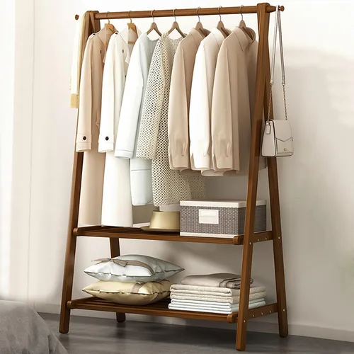 Miniatura 8 de Perchero de bambú portátil plegable con estantes de almacenamiento y riel de ropa colgante para entrada, dormitorio, espacios pequeños
