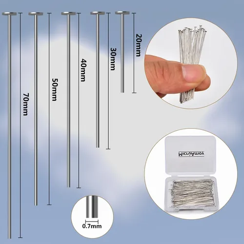 Miniatura 2 de 260 piezas de alfileres de cabeza plana con baño de plata, sin empañamiento, suministros para joyería, para hacer aretes y pulseras (20 mm