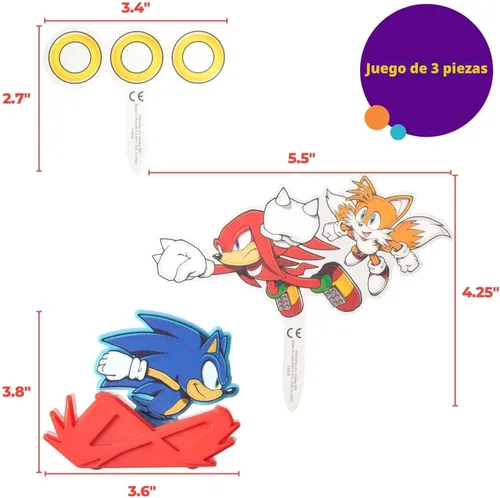 Miniatura 8 de DecoSet Sonic The Hedgehog - Juego de decoración de 3 piezas con cola y nudillos para tartas, anillos y figura de acción de Sonic rodante