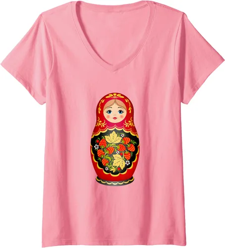 Miniatura 11 de Hermosa camiseta de Matryoshka Russian Strawberry Nesting Doll con cuello en V para mujer, Negro, S