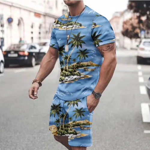 Miniatura 2 de Conjunto deportivo para hombre, conjunto de 2 piezas, camiseta hawaiana de manga corta y pantalones cortos, traje deportivo casual para la playa