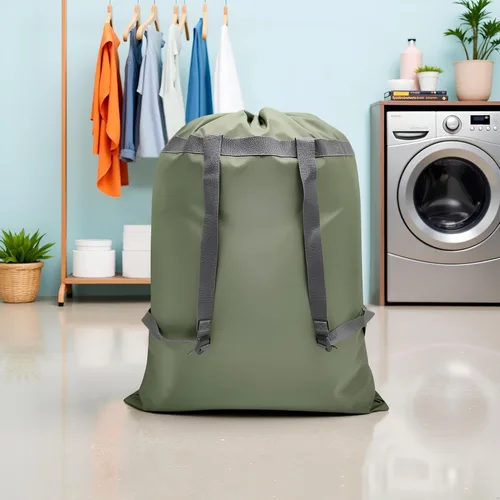 Miniatura 4 de Mochila de lavandería de 27 x 34 pulgadas, resistente bolsa de lavandería con correas para el hombro, cierre de cordón, mochila de lavandería Verde