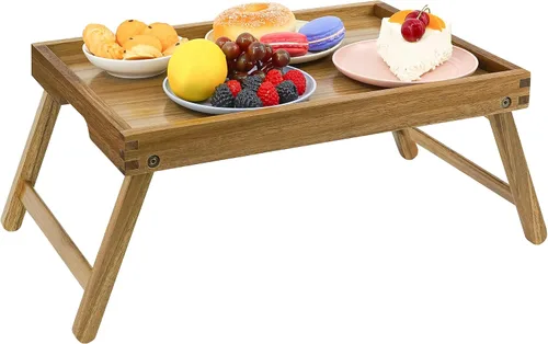 Miniatura 2 de VaeFae Bandeja de mesa de cama de acacia, bandeja de desayuno de madera con patas plegables, bandeja de cama para comer y computadora portátil