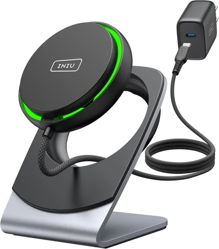 Cargador inalámbrico INIU, soporte de cargador inalámbrico magnético de carga rápida de 15 W, estación de carga inalámbrica esencial para viajes con