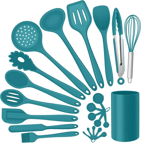Juego de utensilios de cocina de silicona, E-far 23 piezas de utensilios de cocina azules con soporte para utensilios de cocina antiadherentes,