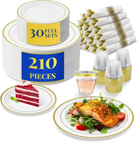 Reli. Platos de plástico para fiesta | 210 piezas | Blanco con borde dorado | Platos y servilletas | Suministros de fiesta | Juego de vajilla